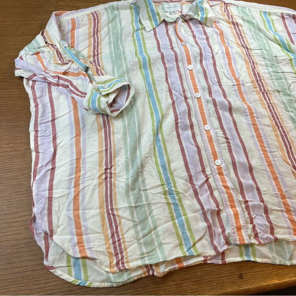 American Eagle Oversized Shirt Women's M Pastel Stripes Button Down Roll Sleeve - Picture 4 of 13